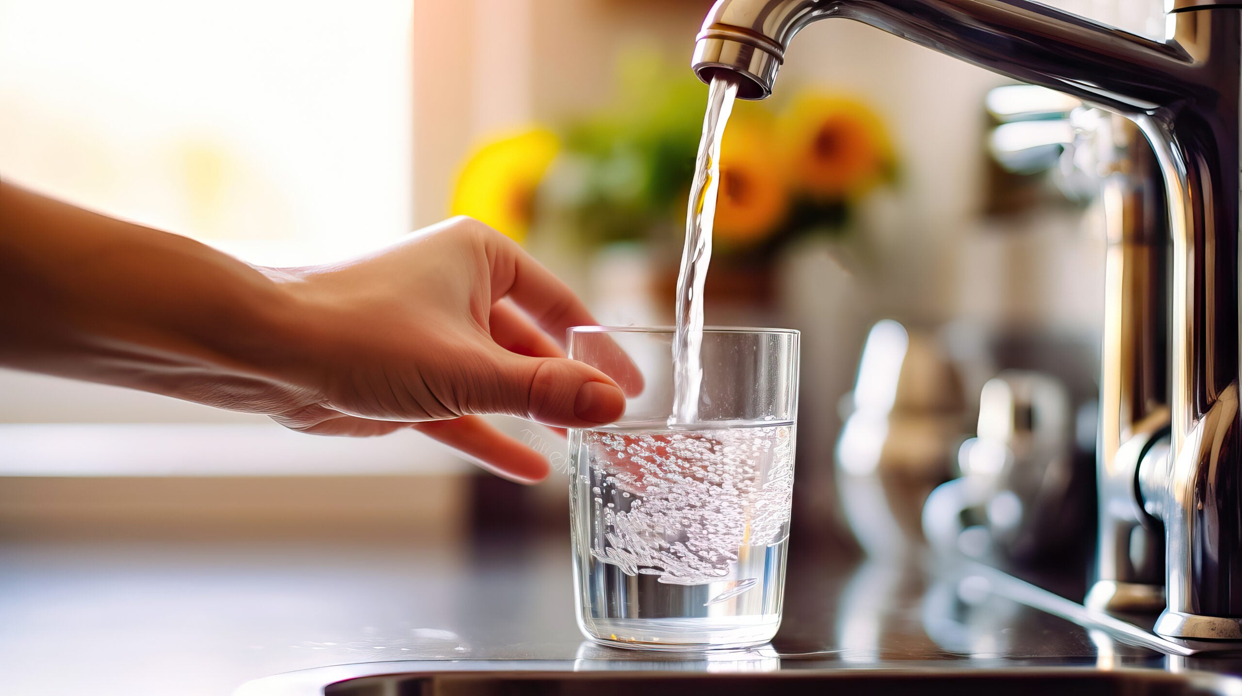 Closeup of a women filling a glass with water from the kitchen sink, tap water can cause prenatal fluoride exposure which may lead to neurobehavior.