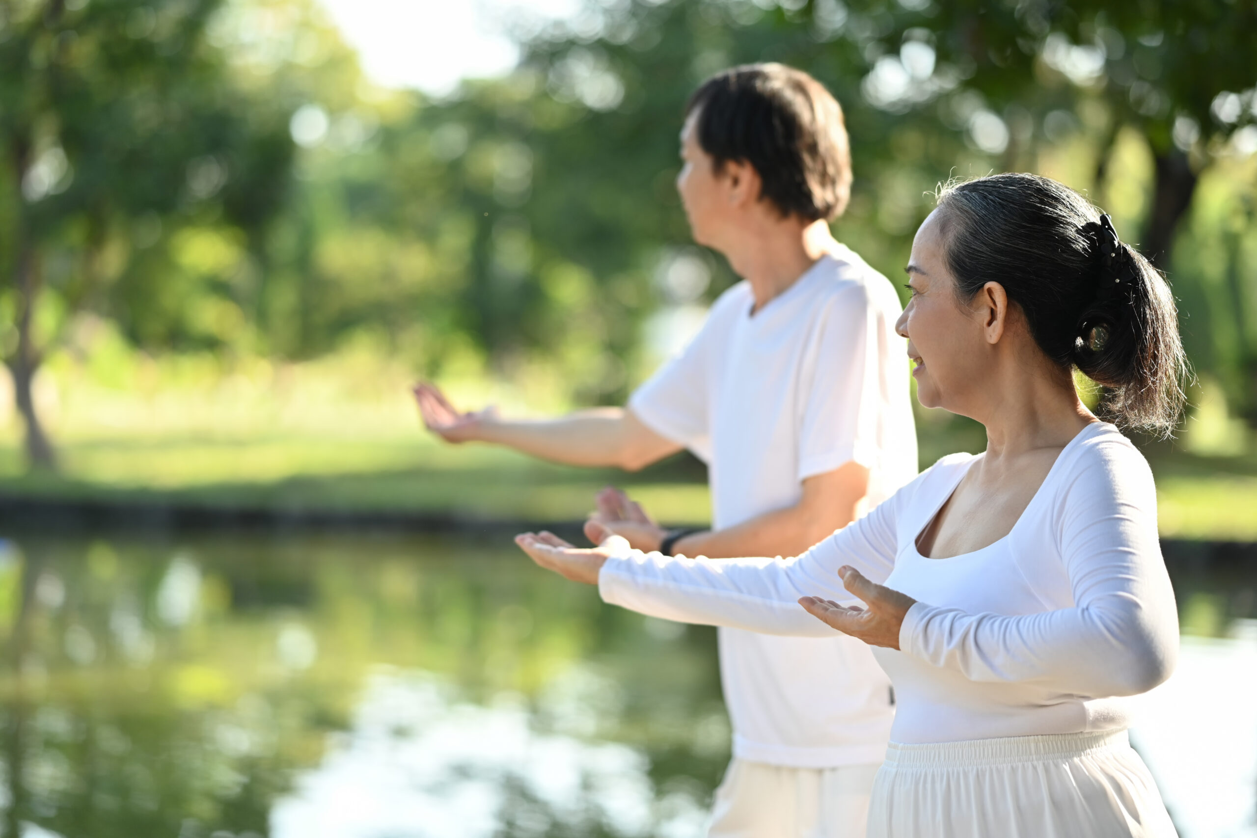 Senior Asian couple doing Tai Chi exercise and physical activity in the park to improve their mental health and decrease anxiety and depression.