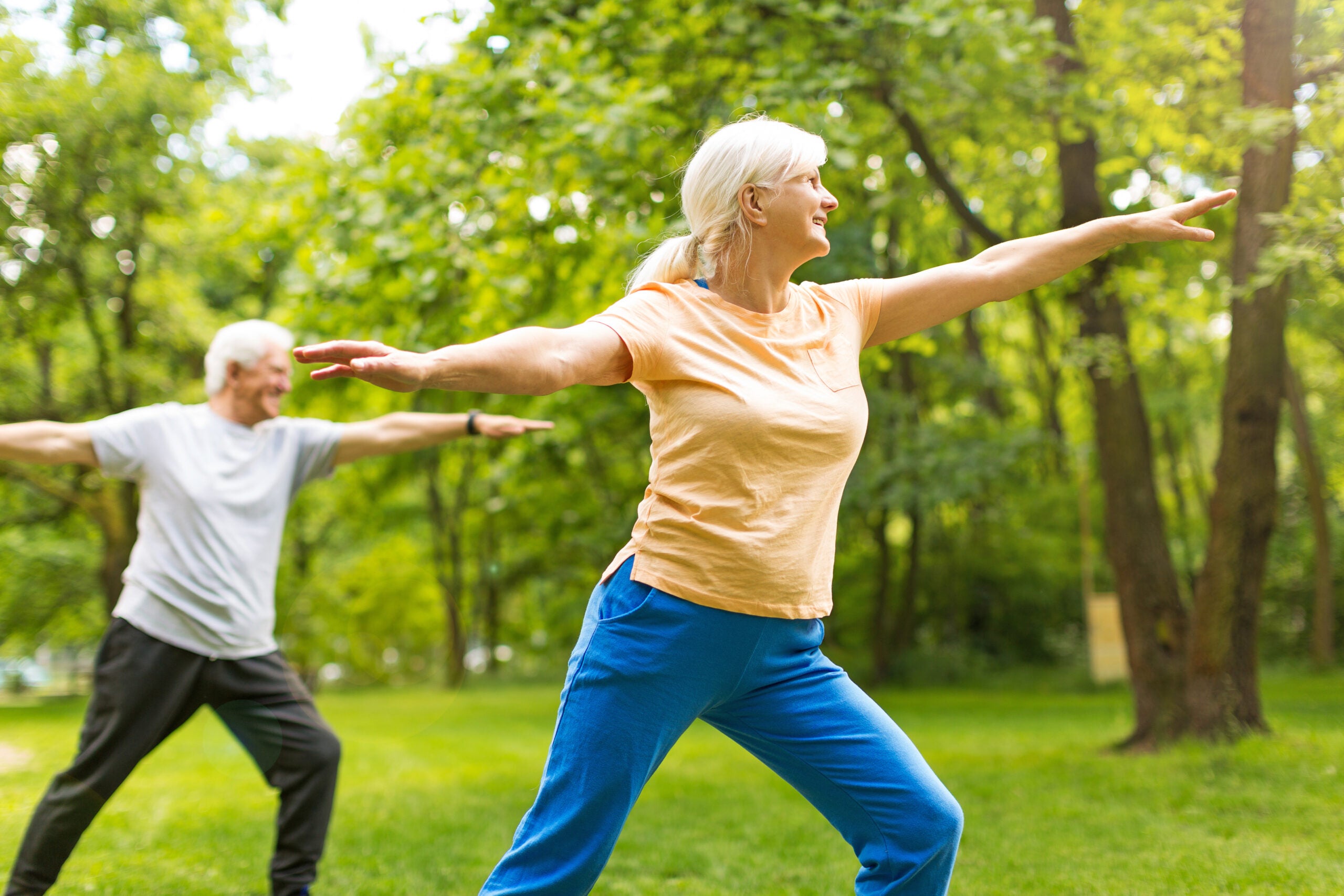 Una pareja de adultos mayores haciendo yoga en el parque para aumentar su salud intestinal por medio de terapias de equilibrio hormonal.